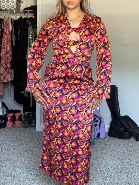 Nasty Gal Dresses & Skirts - Nasty Gal Pink Multi Floral Keyhole Long Sleeve Maxi Dress with Cutouts Size 6